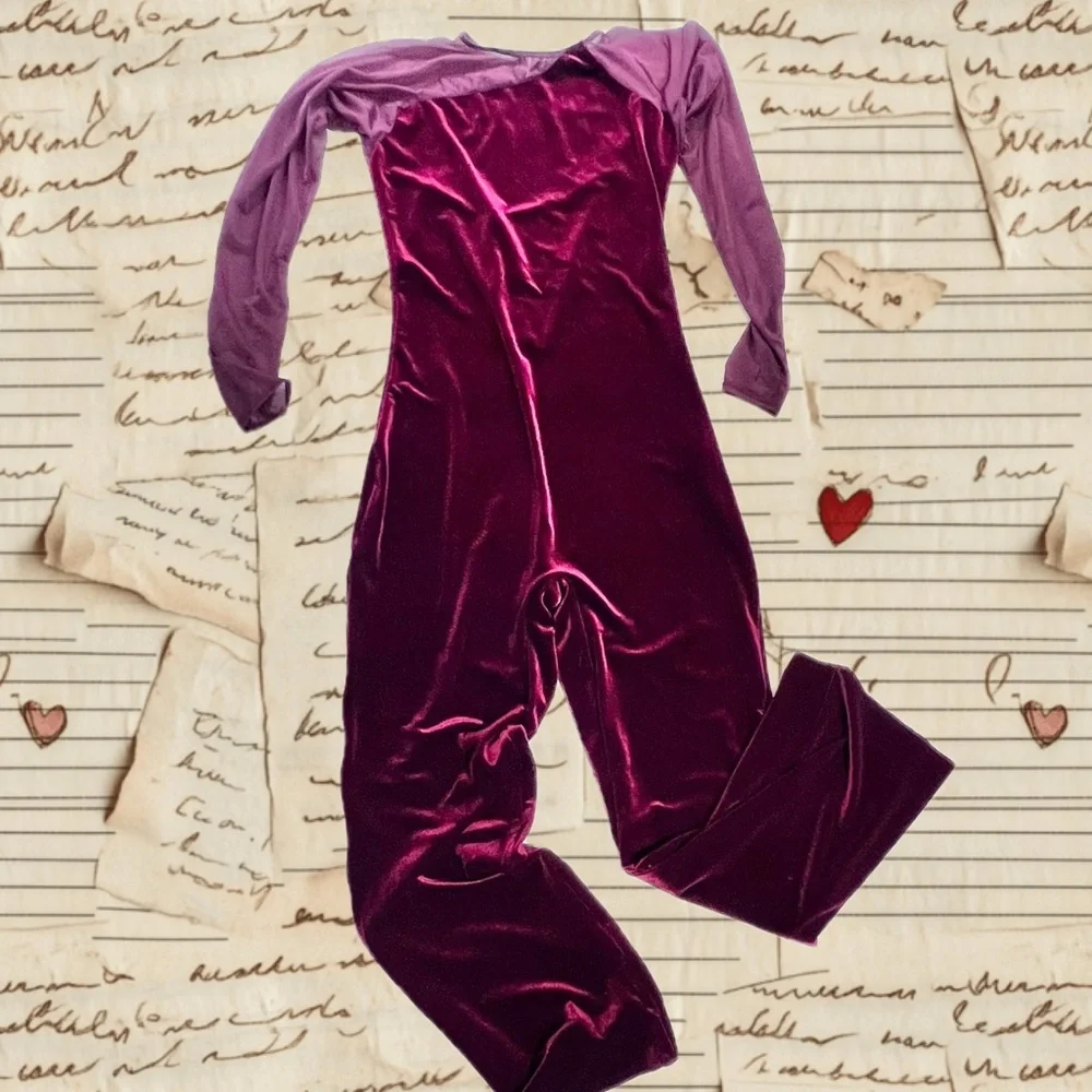 Cranberry velvet bodysuit one piece unitard leotard long sleeve pants jumpsuit - Picture 1 of 12
